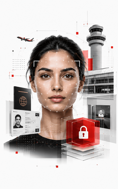 A traveller's face read against a watch list, with the terminal behind it