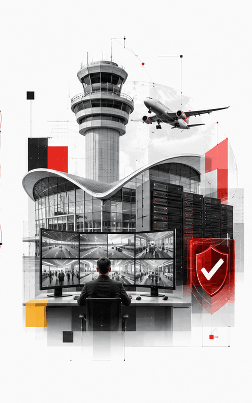 An airport control room searching recorded footage across the terminal