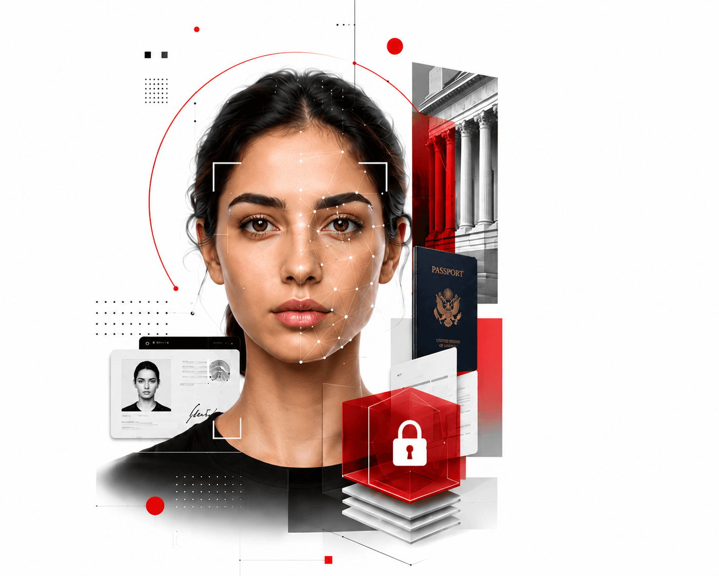 A face being read against a passport and an identity document, outside a bank
