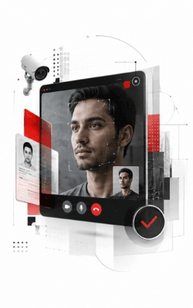A video call with the participant’s face being tracked against their identity document